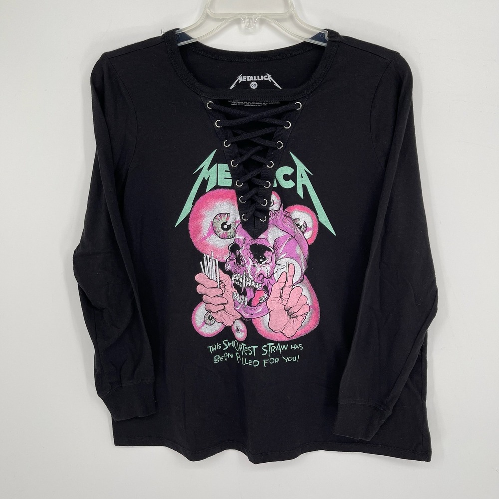 Metallica Women's Black Lace Up Shortest Straw Skull Long Sleeve T-Shirt Size 00